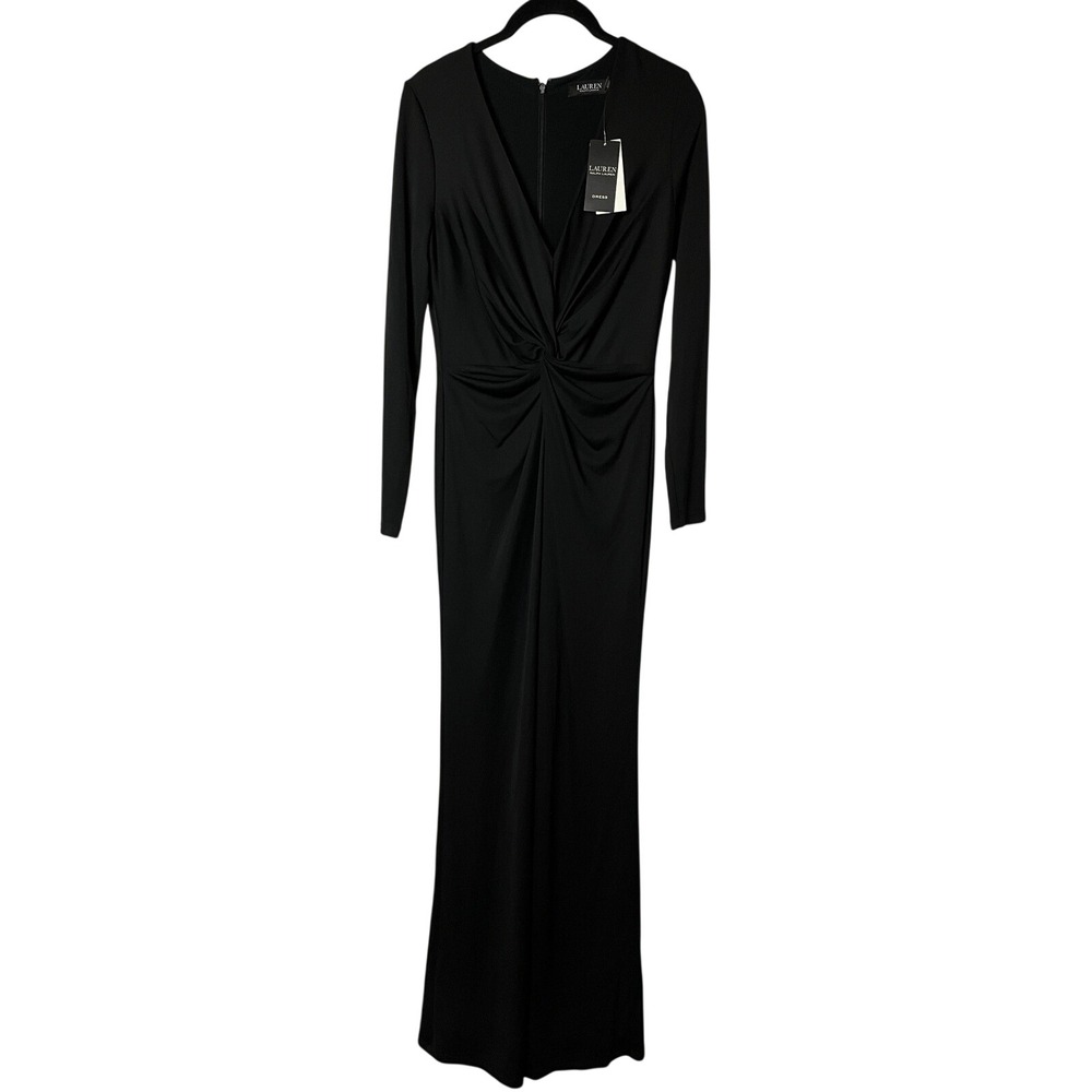 Lauren Ralph Lauren Dress Womens 4 Black Twist Front V-Neck Long Sleeve Gown NEW